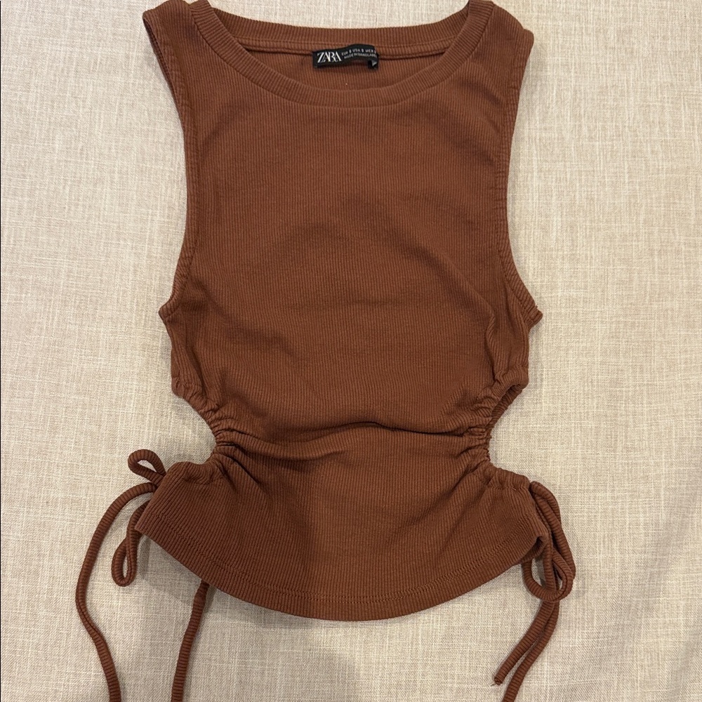 Zara Chocolate Brown Ribbed Side-Tie Tank